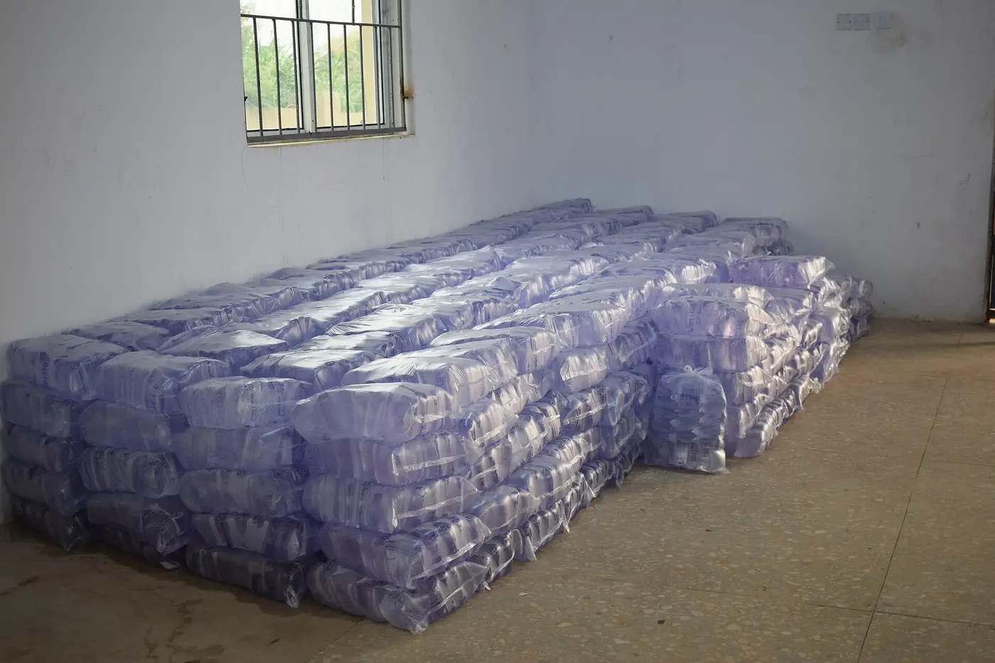 Bags of sachet water stacked and ready for delivery